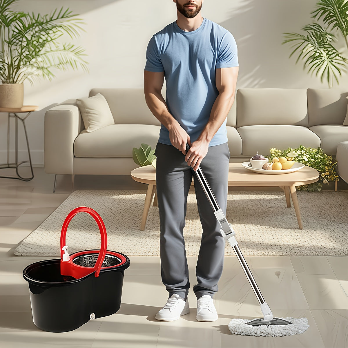 Mop Bucket Set Spin Mop And Bucket With Wringing System | 360° Spin Mop System With 3 Ultra-Fine Fiber Mop Replacement Heads, Suitable For Hardwood Tile Marble Floors, Plastic, Ideal For Living Room, Bedroom, Bathroom, Toilet